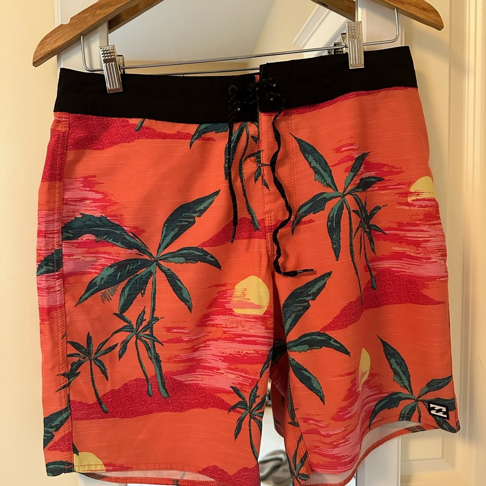 Billabong Orange and Green Board Shorts with Tropical Design